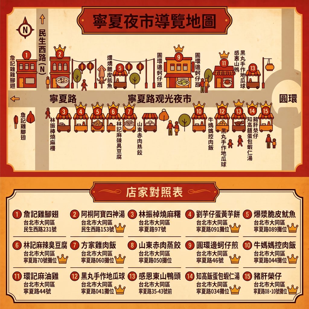 寧夏夜市導覽地圖與 15 家店家對照表